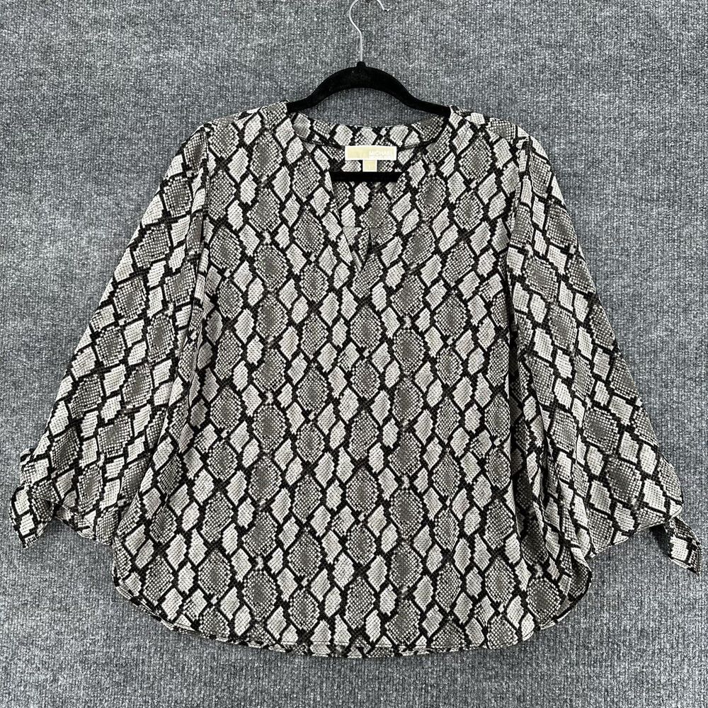 Michael‎ Michael Kors Top Womens Large Snake Print Blouse Black Gray Tie Sleeves